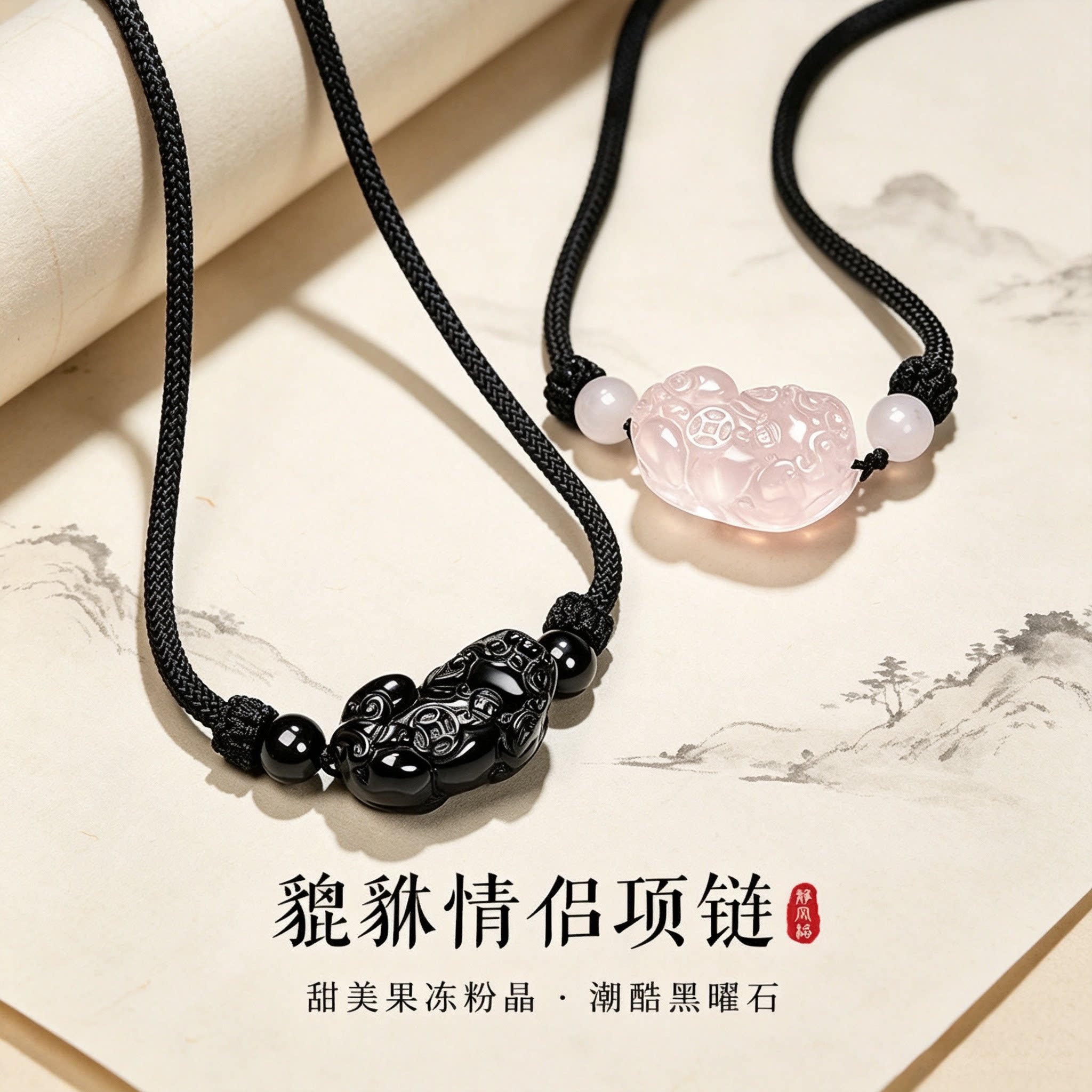 黑曜石貔貅招财护身符项链