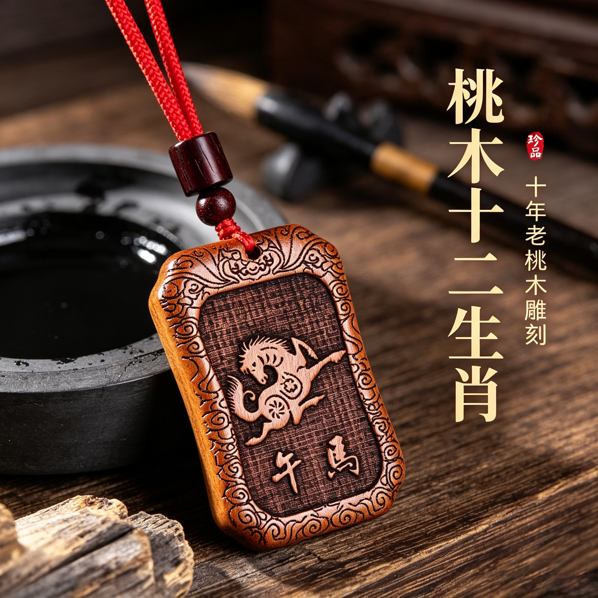 天然老桃木生肖本命年转运吊坠