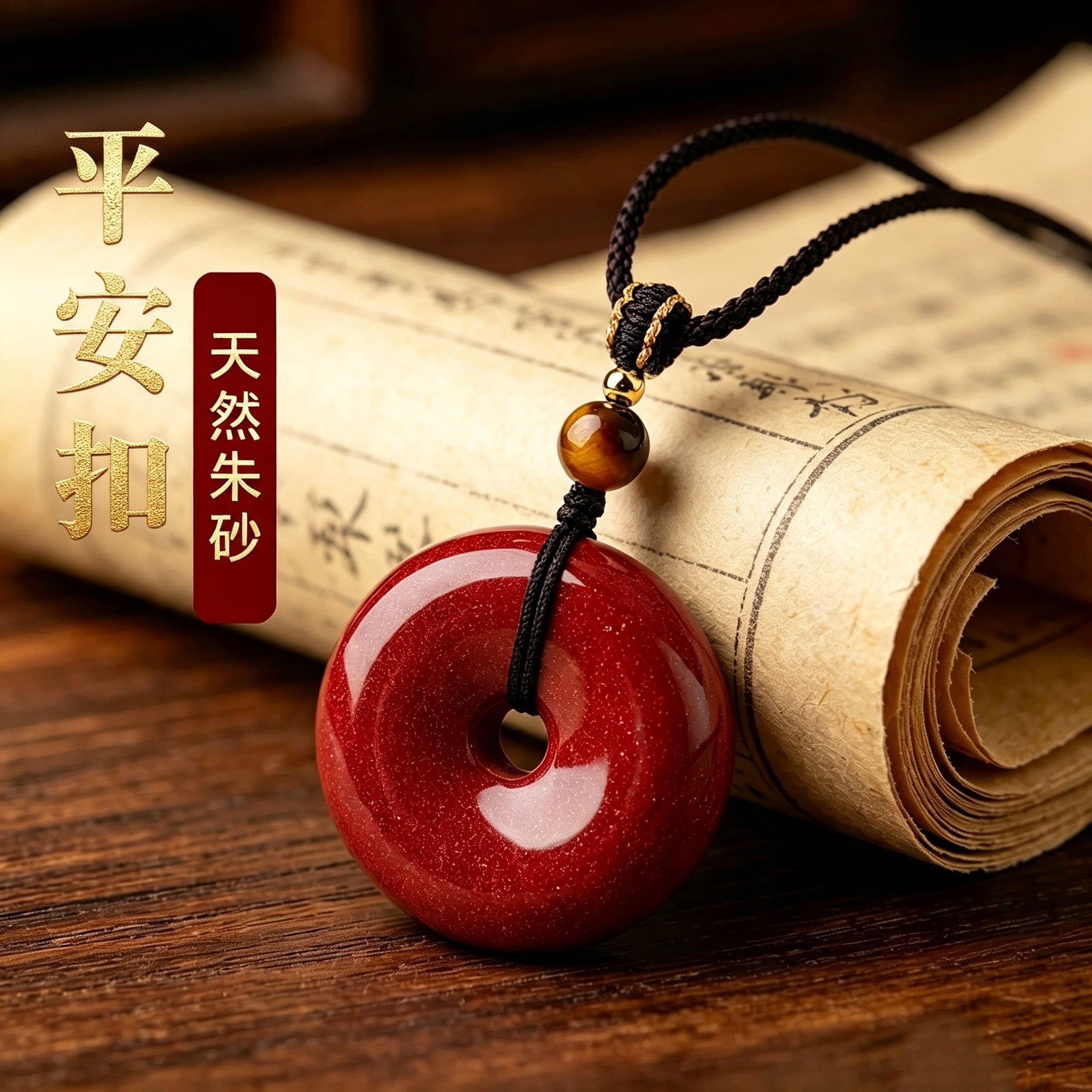 天然朱砂平安扣本命年转运吊坠