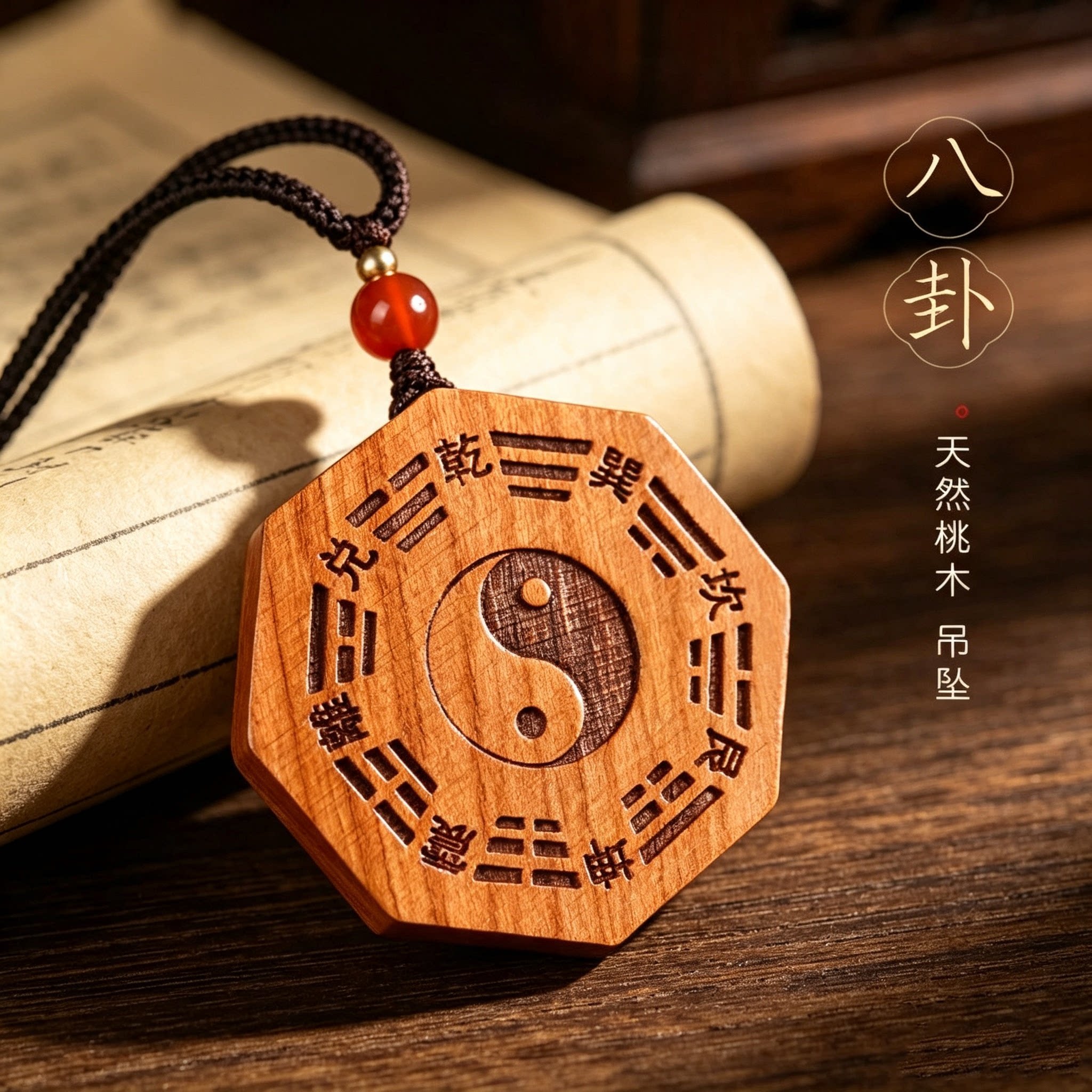 天然老桃木八卦太极护身符吊坠