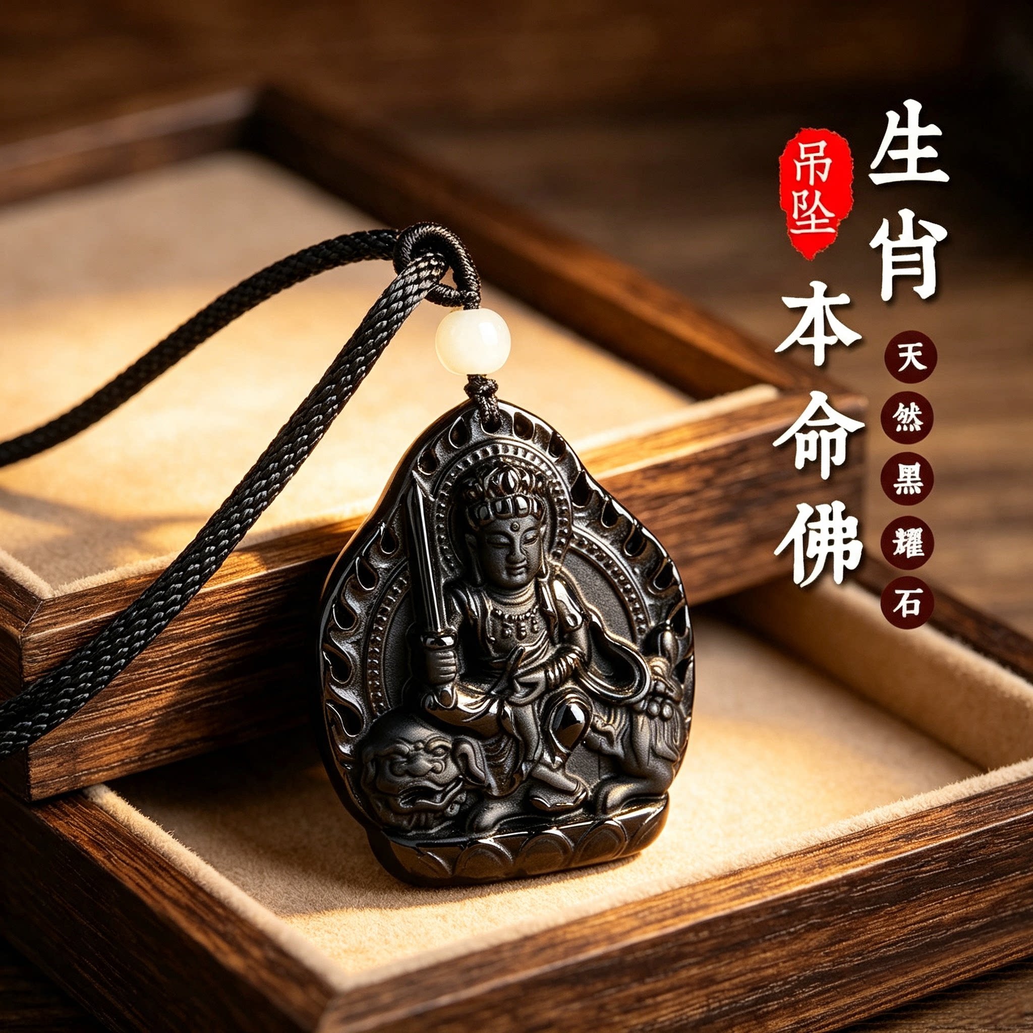 正品天然冰种黑曜石本命佛吊坠男女款本命年转运生肖守护神护身符