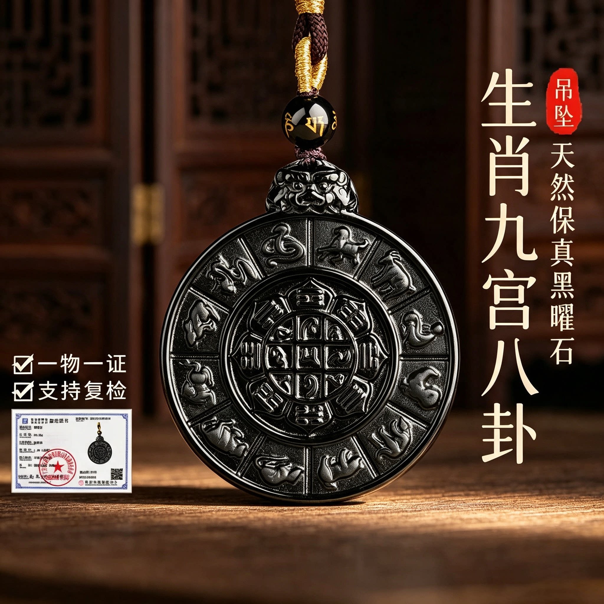 天然黑曜石生肖马本命年护身吊坠