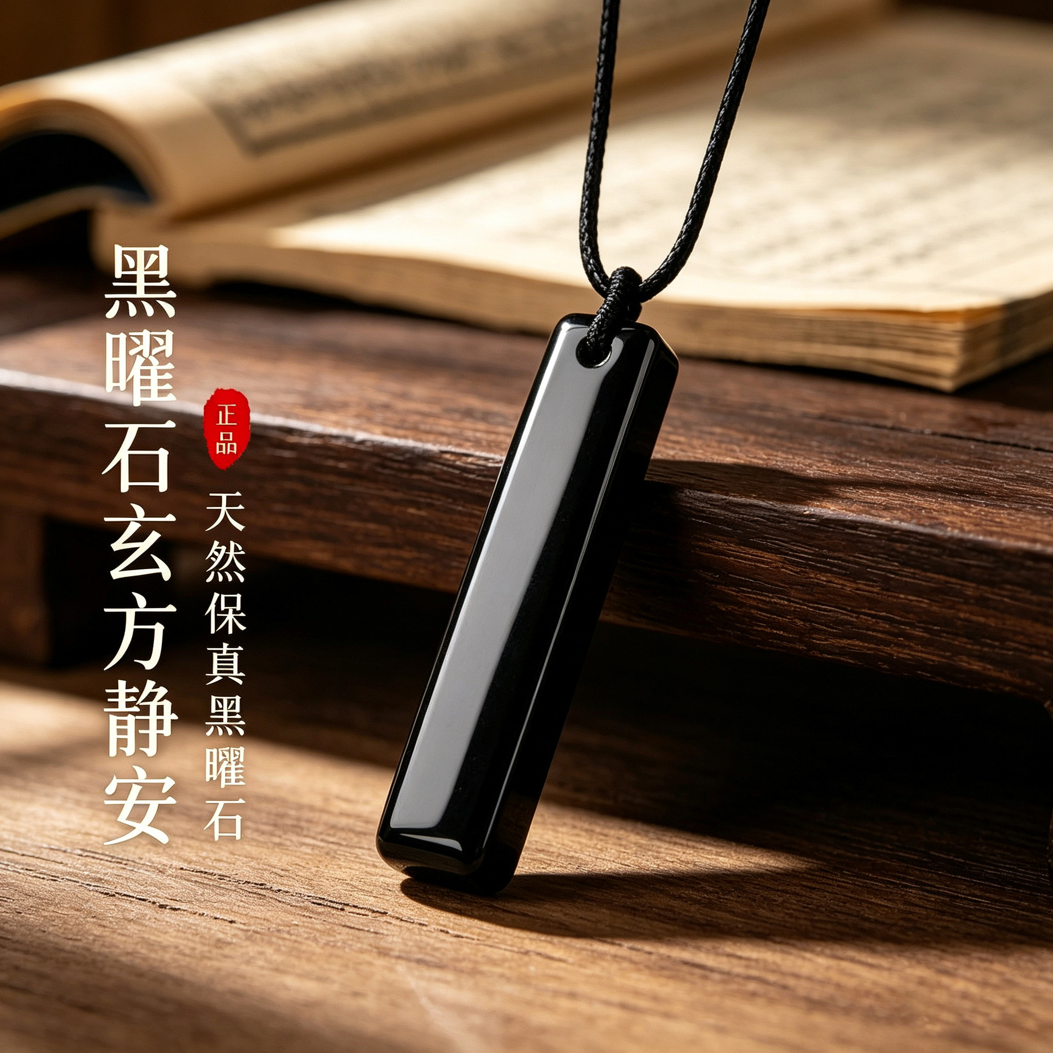 天然黑曜石无事牌吊坠本命年刻字