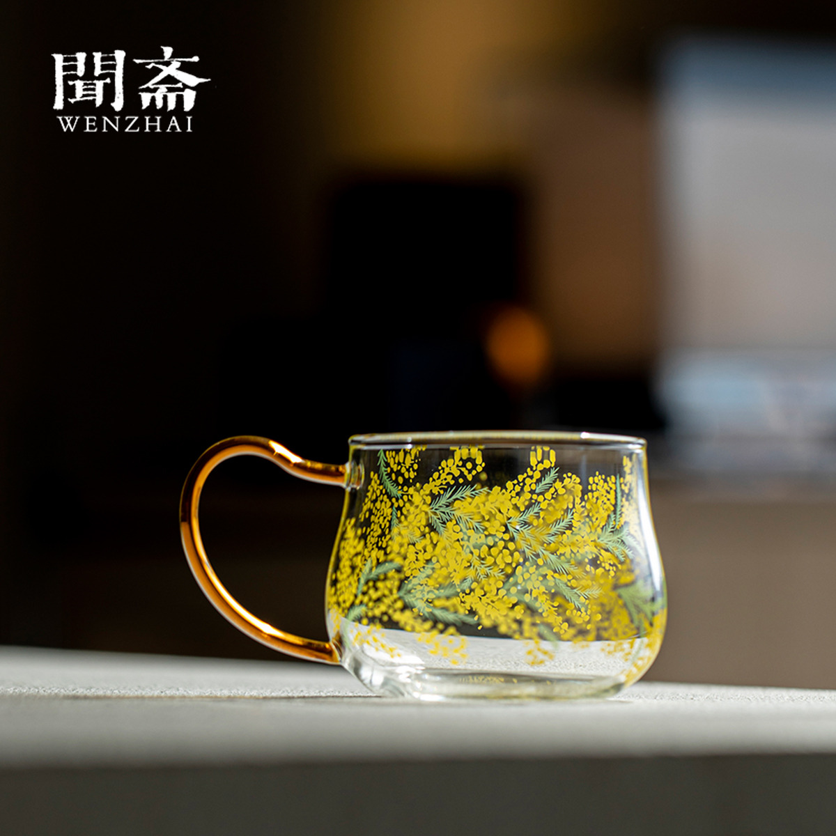 闻斋透明玻璃杯贴花金百合和风杯家用高档咖啡杯耐热水杯功夫茶具