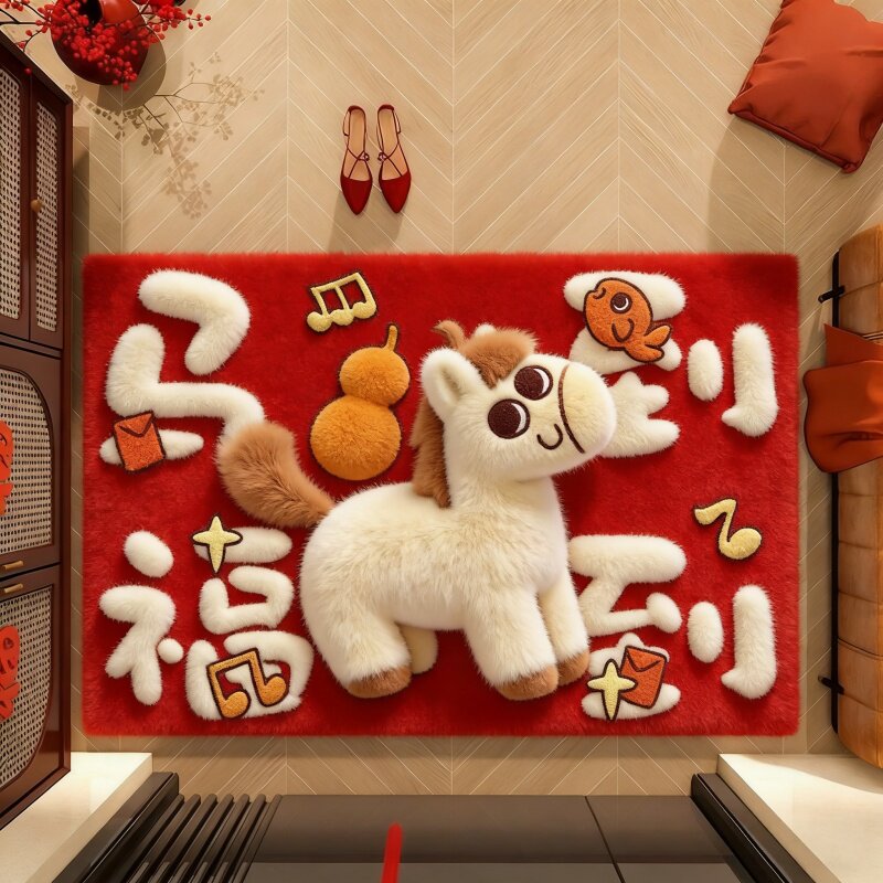 仿5D马年卡通地垫2026新年喜庆脚垫入户门垫玄关进门蹭土脚踏垫