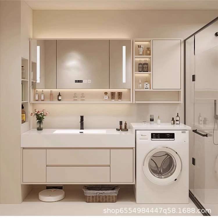 蓝加奶油风阳台洗衣机一体柜组合岩板无缝陶瓷盆实木卫生间洗漱台