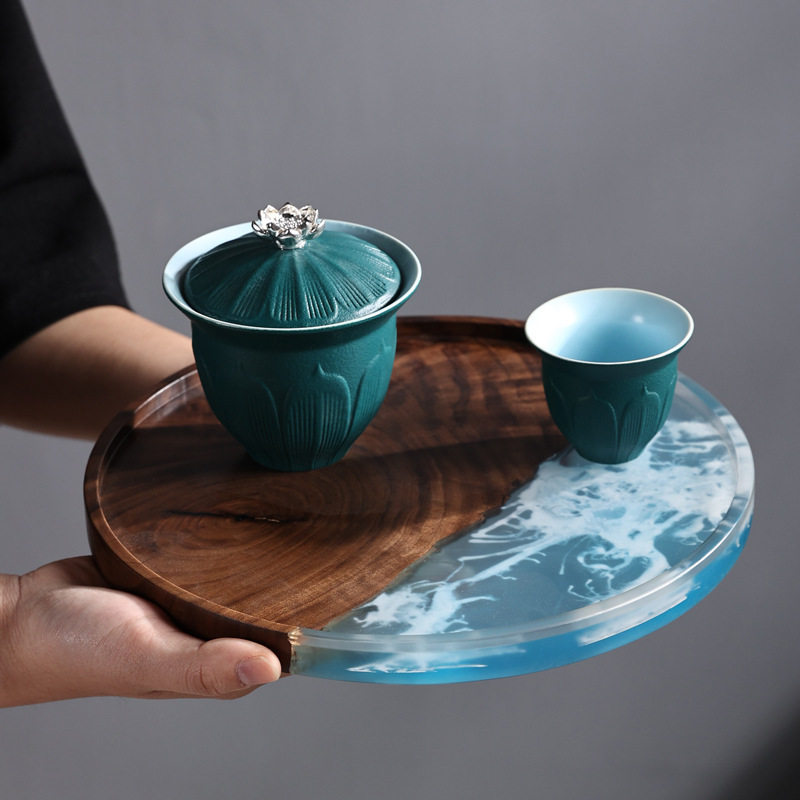 胡桃木树脂茶盘托盘海浪雪山创意茶盘围炉茶点盘家用旅行茶道配件