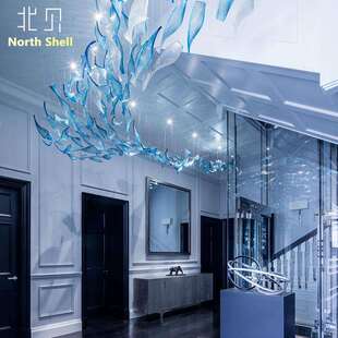 酒店大堂蓝色玻璃装饰灯售楼部沙盘商场中庭别墅客厅楼梯工程吊灯