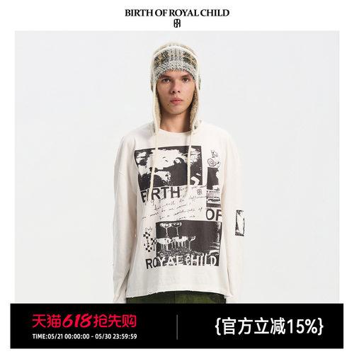BIRTH OF ROYAL CHILD.BORC 【张峻豪同款】海报贴布长袖T恤做旧