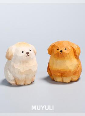 纯手工木雕小金毛电脑桌面摆件小狗狗情侣一对装饰品可爱闺蜜礼物