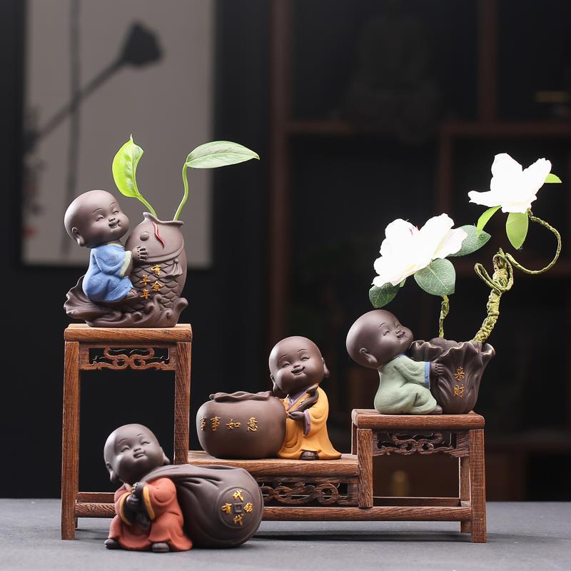 新中式禅意小和尚摆件紫砂精品茶宠家居花器水培花瓶可养茶具配件