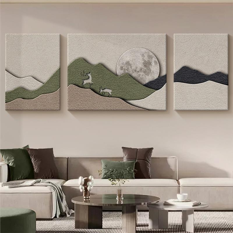 简约风客厅装饰画背有靠山立体砂岩肌理画沙发背景墙大气三联壁画图片