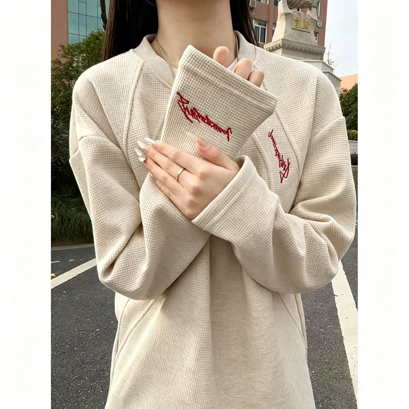 浅灰色美式刺绣长袖t恤男款春秋青少年卫衣高级感内搭打底衫