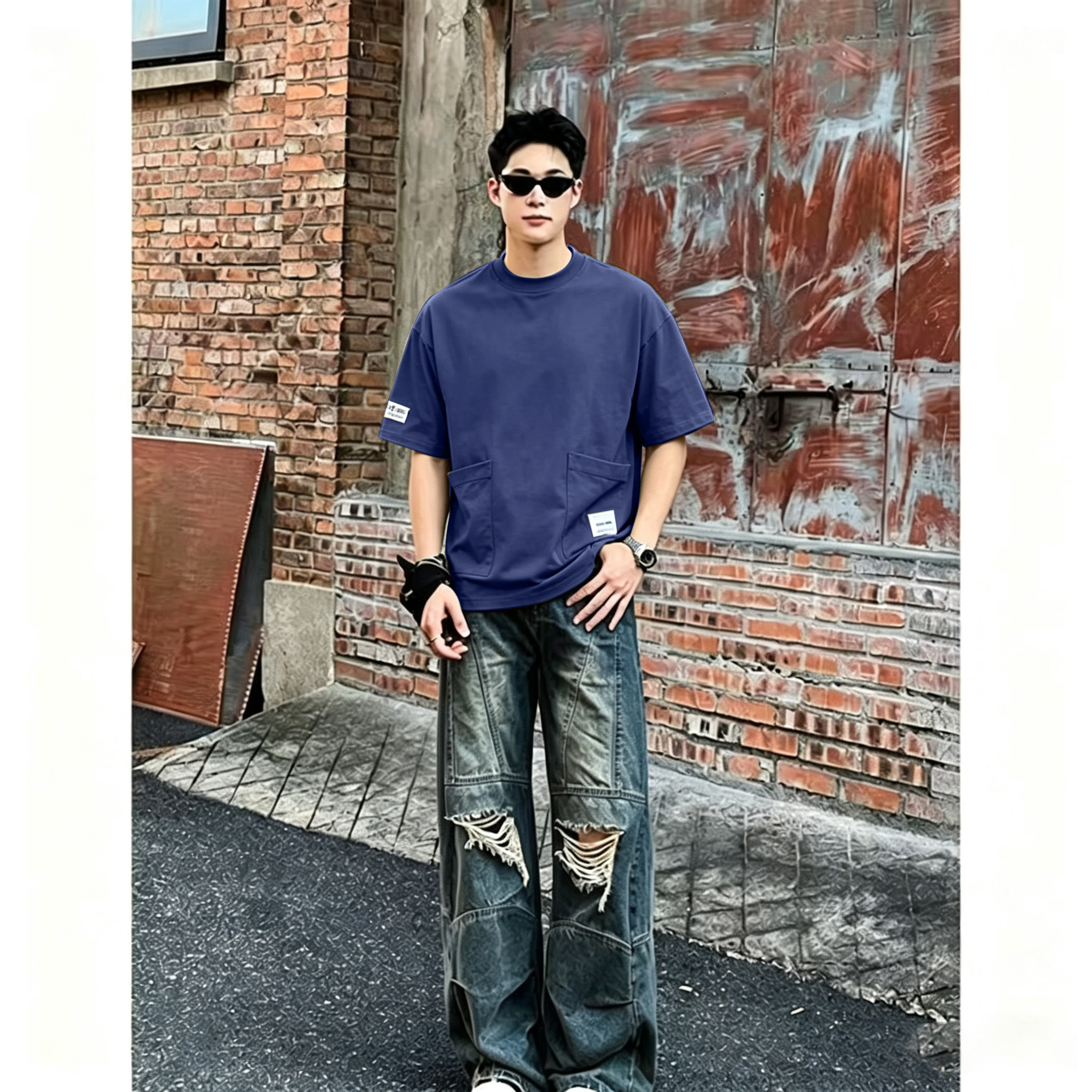 外贸夏季男士大码宽松T恤半袖潮流口袋拼接圆领时尚休闲上衣短袖