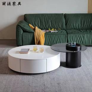 白色轻奢大小圆形茶几组合岩板茶几家用简约现代客厅钢化玻璃边几