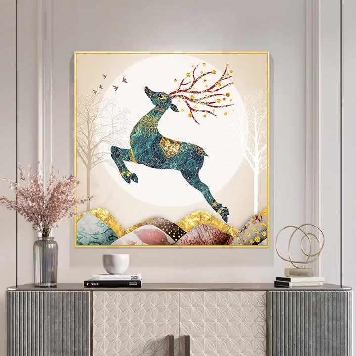 现代轻奢鹿玄幻餐桌饭厅客厅装饰画正方形挂画餐厅玄关画图片