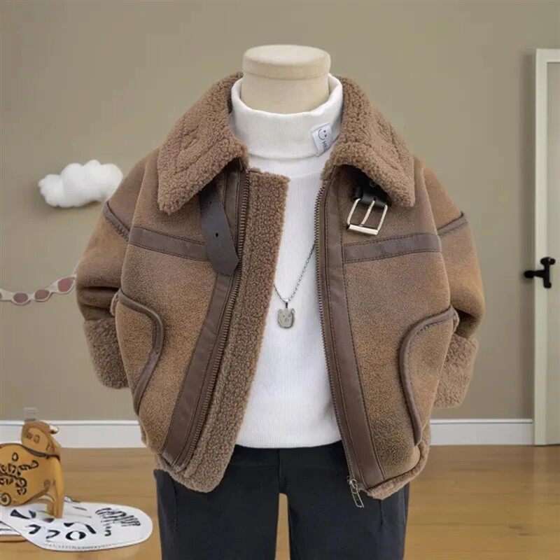 星童优选童装儿童装男童皮毛一体外套机车加绒秋冬加时髦夹克上衣