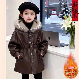 春瑞阁女童冬装加绒派克服外套冬季新款儿童中长版小香风加厚外套