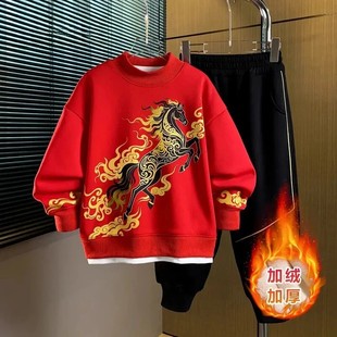 奈亚轻奢服饰童年马年新加绒男童中大童红色冬季保暖休闲运动套装