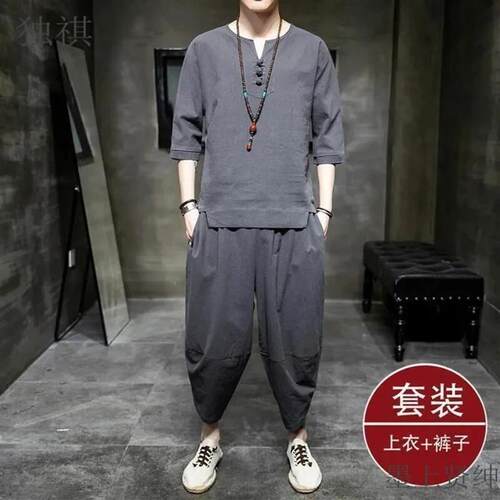 VINSAME3亚麻男短袖t恤中国风男装中式棉麻套装佛系唐装汉服禅服
