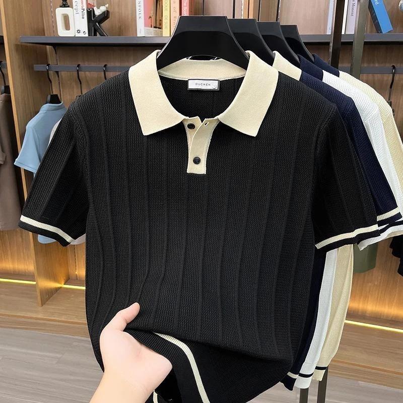 苔痕居轻奢专柜高档男士夏季老钱风针织翻领短袖T恤POLO衫时尚