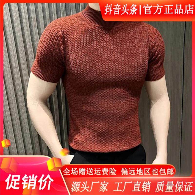 HQ轻奢严选EXZL甄选半高领男士短袖t恤爆款2026新款毛衣条纹针织