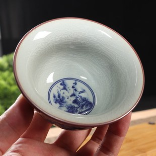 青花压手杯九桃五福图青花瓷茶杯主人杯仿古缸杯陶瓷大杯开片茶碗