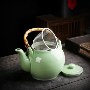 青瓷简约大容量提梁壶草木灰陶瓷泡茶壶带滤网1200ml餐厅水壶家用