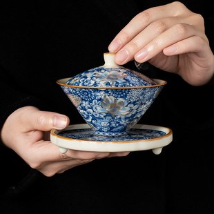 陶瓷汝窑金万花斗笠三才盖碗茶杯家用高档泡茶碗大号不烫手茶具