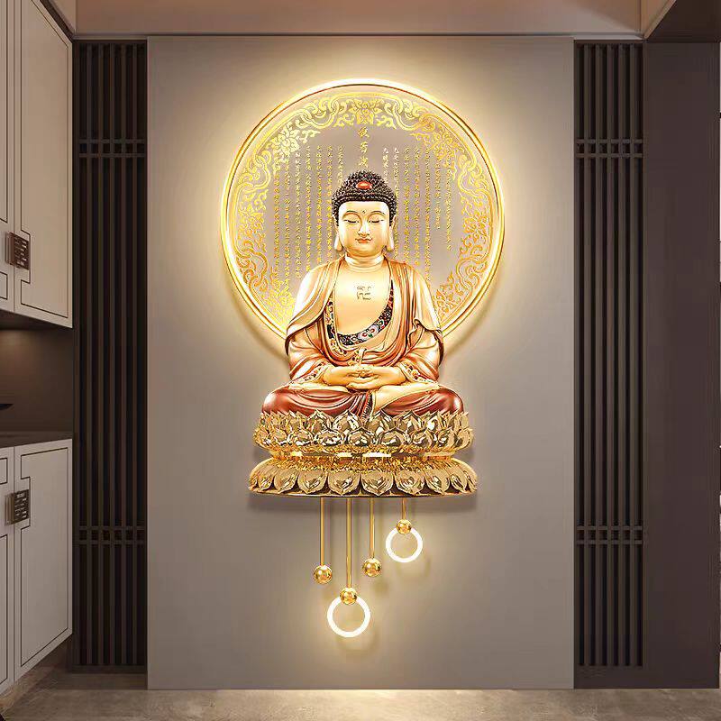 释迦牟尼佛像画像禅意佛祖家用供奉装饰画佛堂背景墙LED带灯挂画