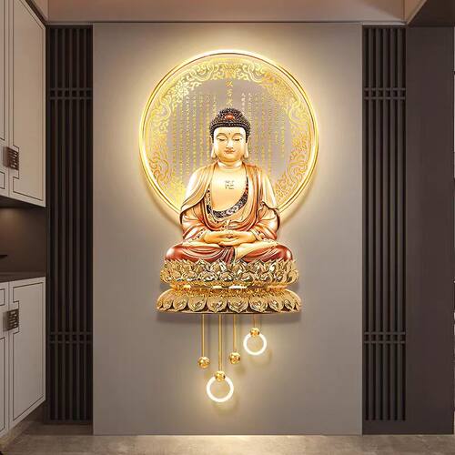 释迦牟尼佛像画像禅意佛祖家用供奉装饰画佛堂背景墙LED带灯挂画