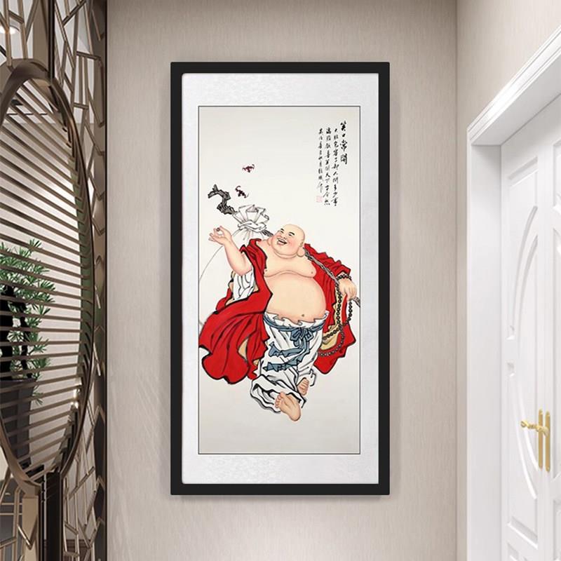 弥勒佛画像国装饰画入户玄关茶室办公室挂画新中式佛系笑纳百福图