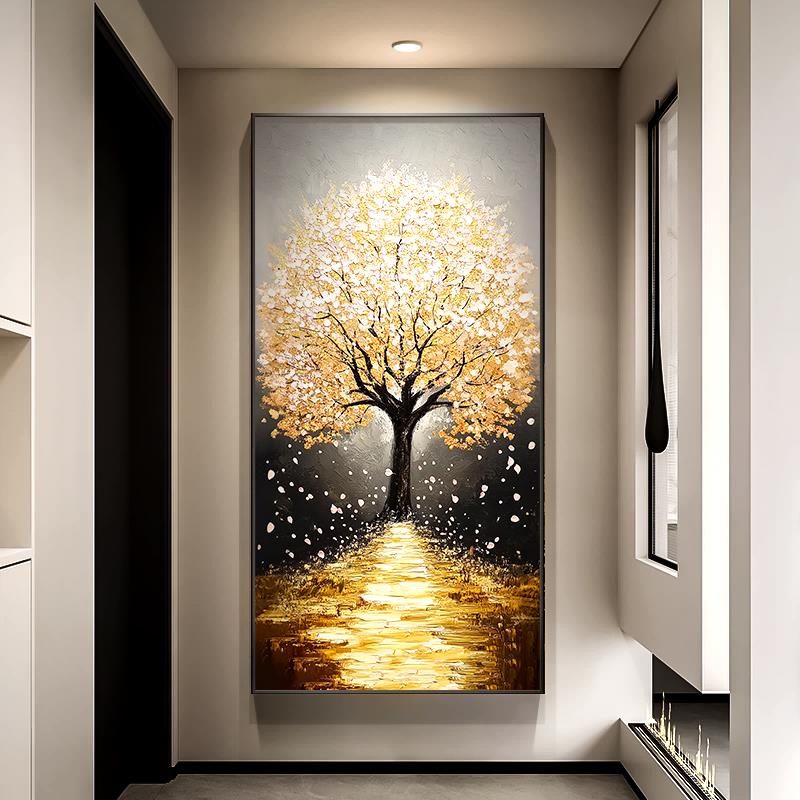 发财树玄关晶瓷画大芬村高清微喷平面布面画黄金大道装饰画走廊过图片