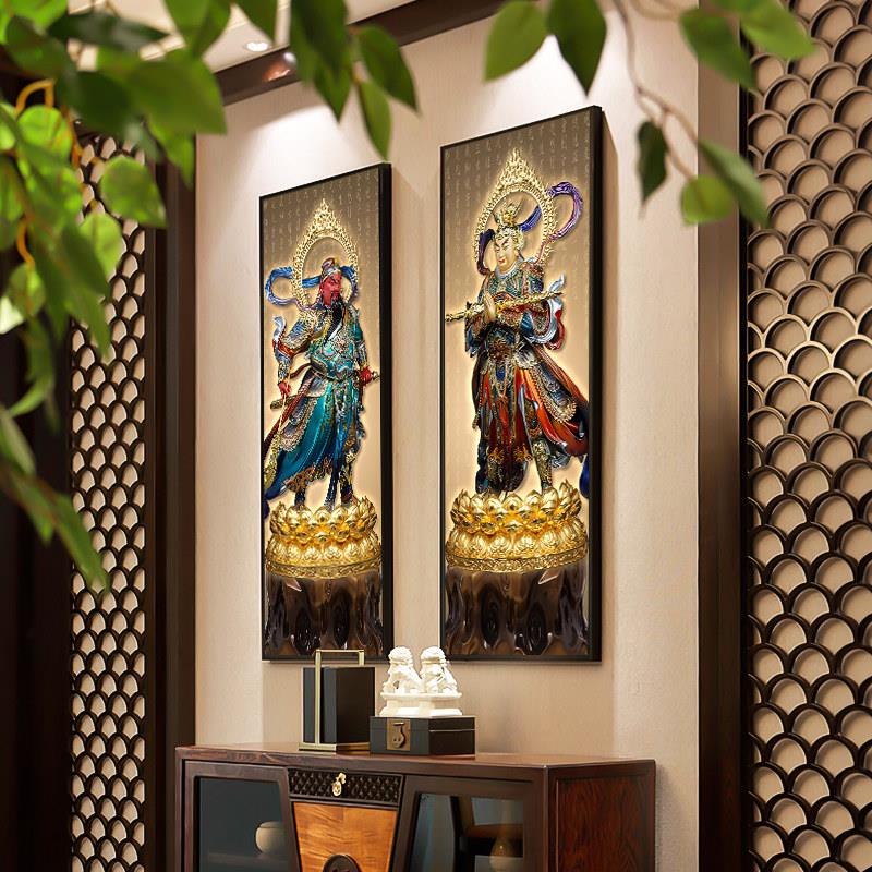 带灯珈蓝护法佛像画新中式风格 LED照明佛堂壁画可定制晶瓷装饰画