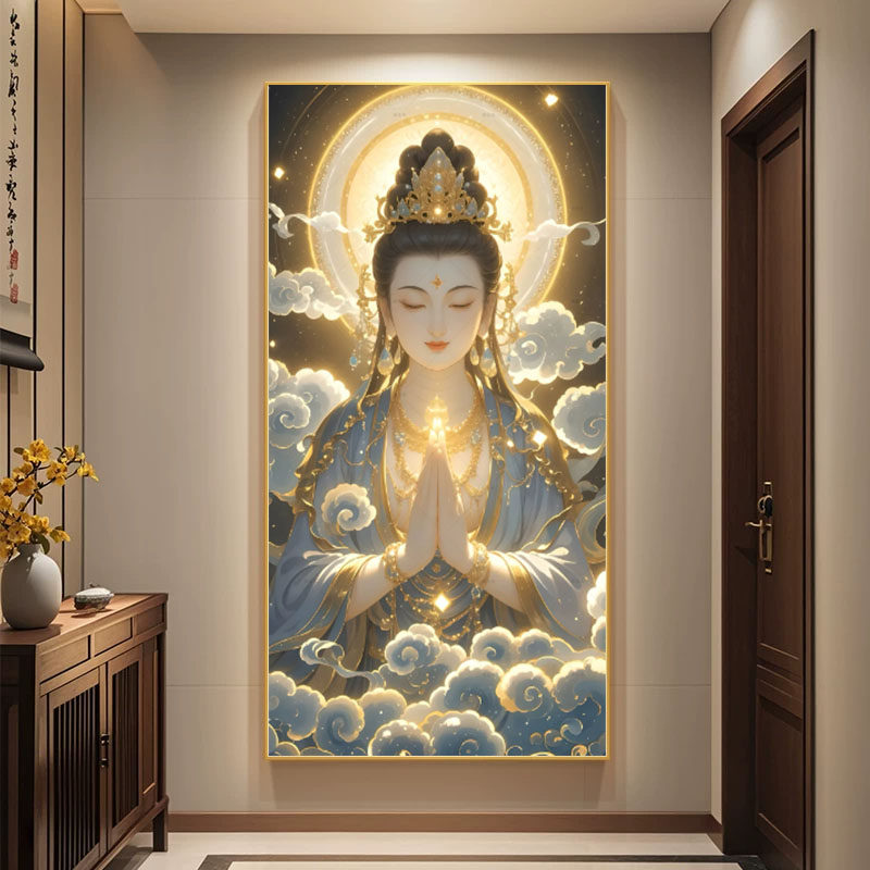 慈祥观音画像保平安佛堂供奉挂画观世音菩萨佛像LED带灯装饰画