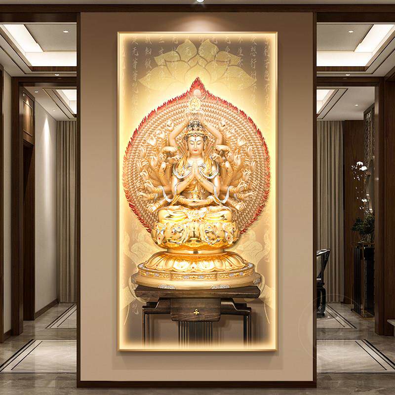 千手千眼观世音挂图新中式菩萨画像玄关装饰画禅意供奉佛像壁画灯