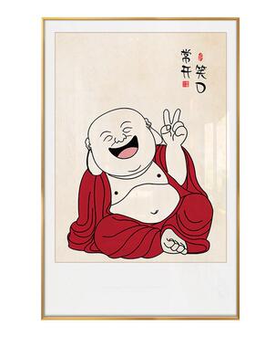 笑口常开禅意挂画弥勒佛玄关客厅餐厅装饰画新中式风格有框黑色金