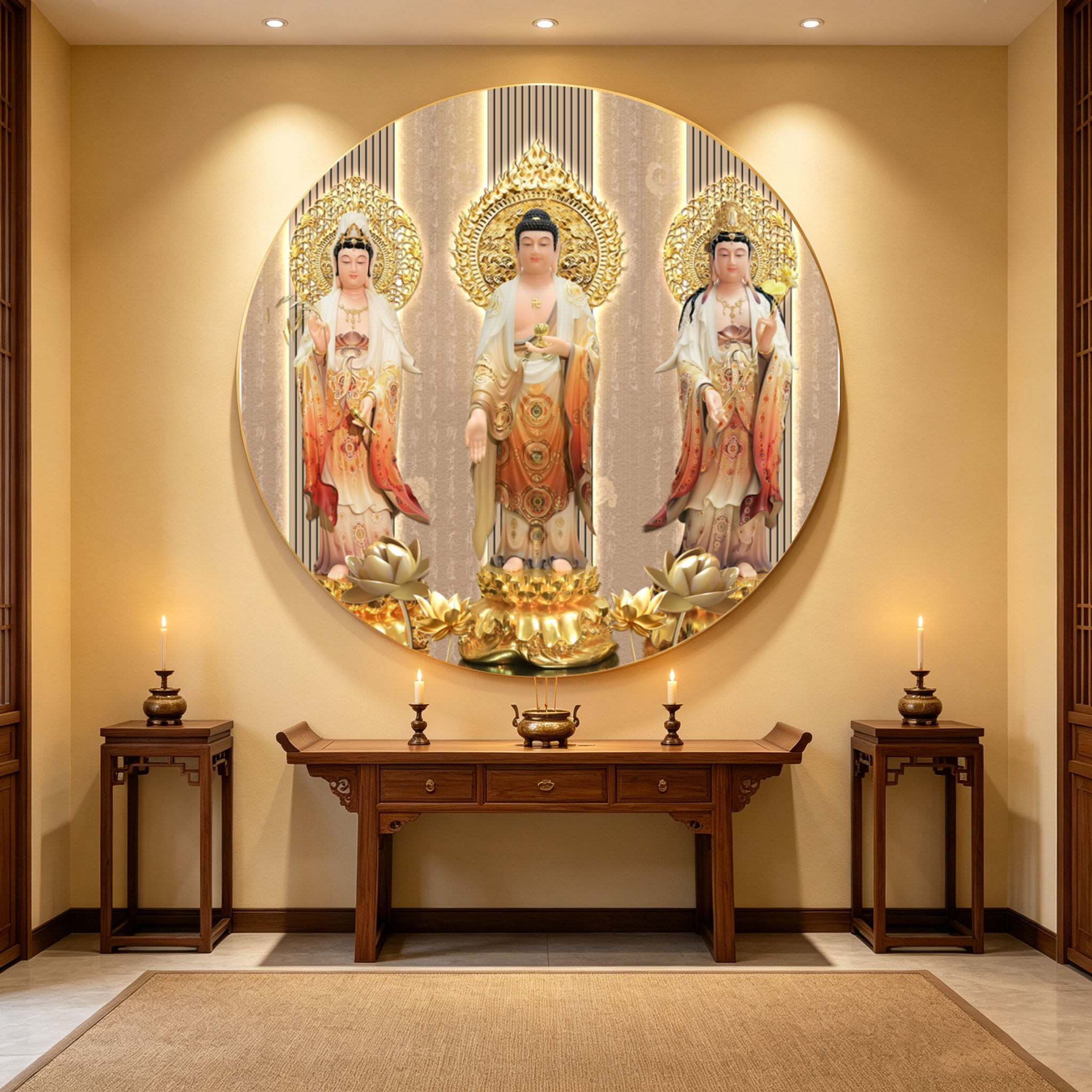 西方三圣画像高清客厅圆形家用供奉装饰画佛堂背景墙LED带灯挂画