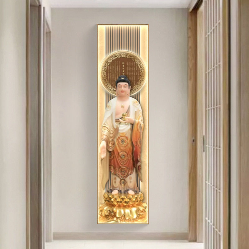 观世音菩萨西方三圣玄关实木铜角心经佛堂背景墙供奉佛像装饰画