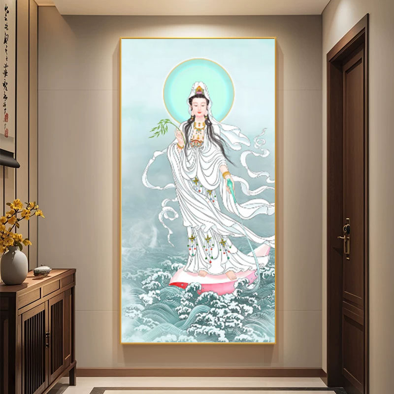 洒水观音菩萨画像滴水观世音佛像画佛堂供奉装饰画LED带灯挂画