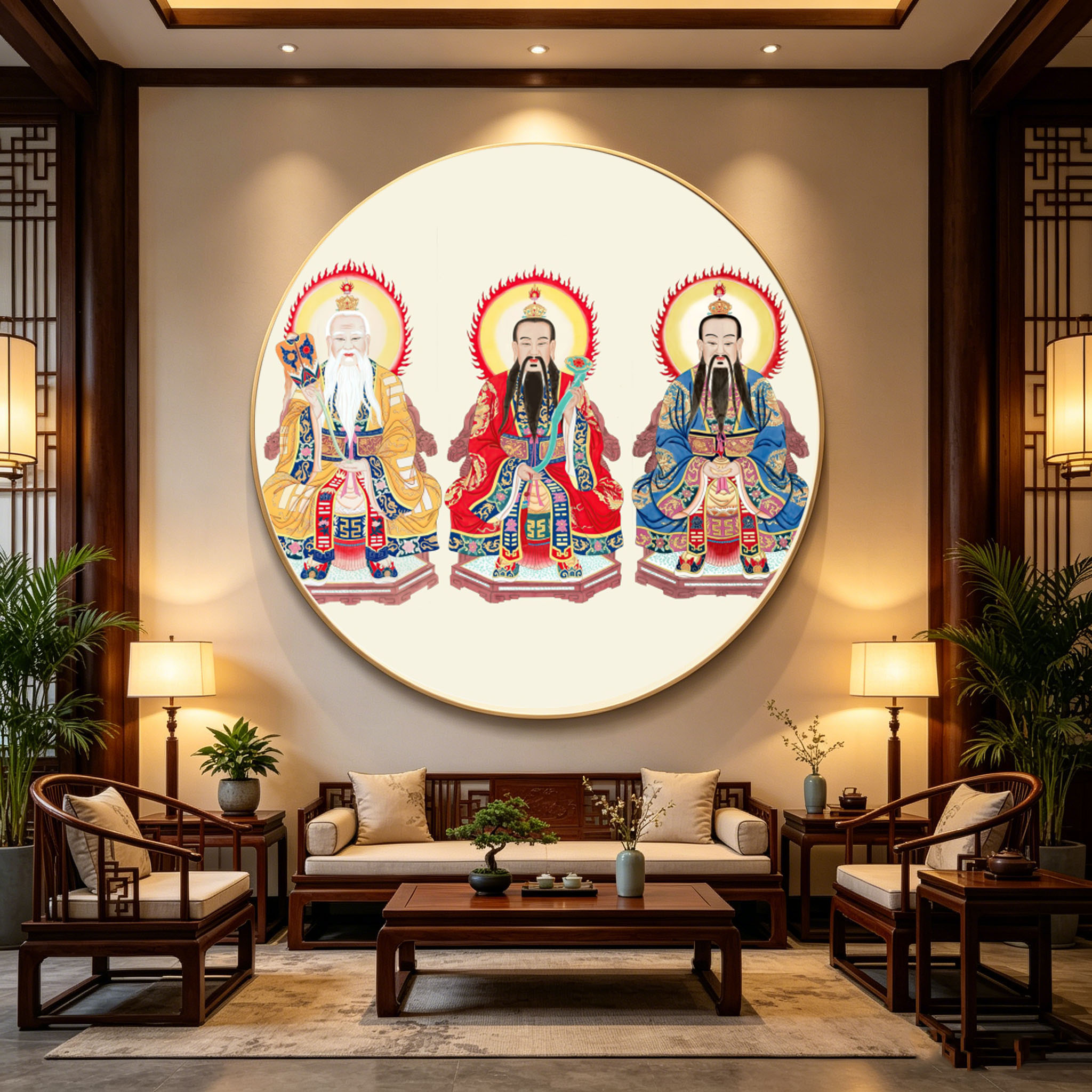 三清画像祖师爷圆形道德元始天尊灵宝太清太上老君LED带灯装饰画