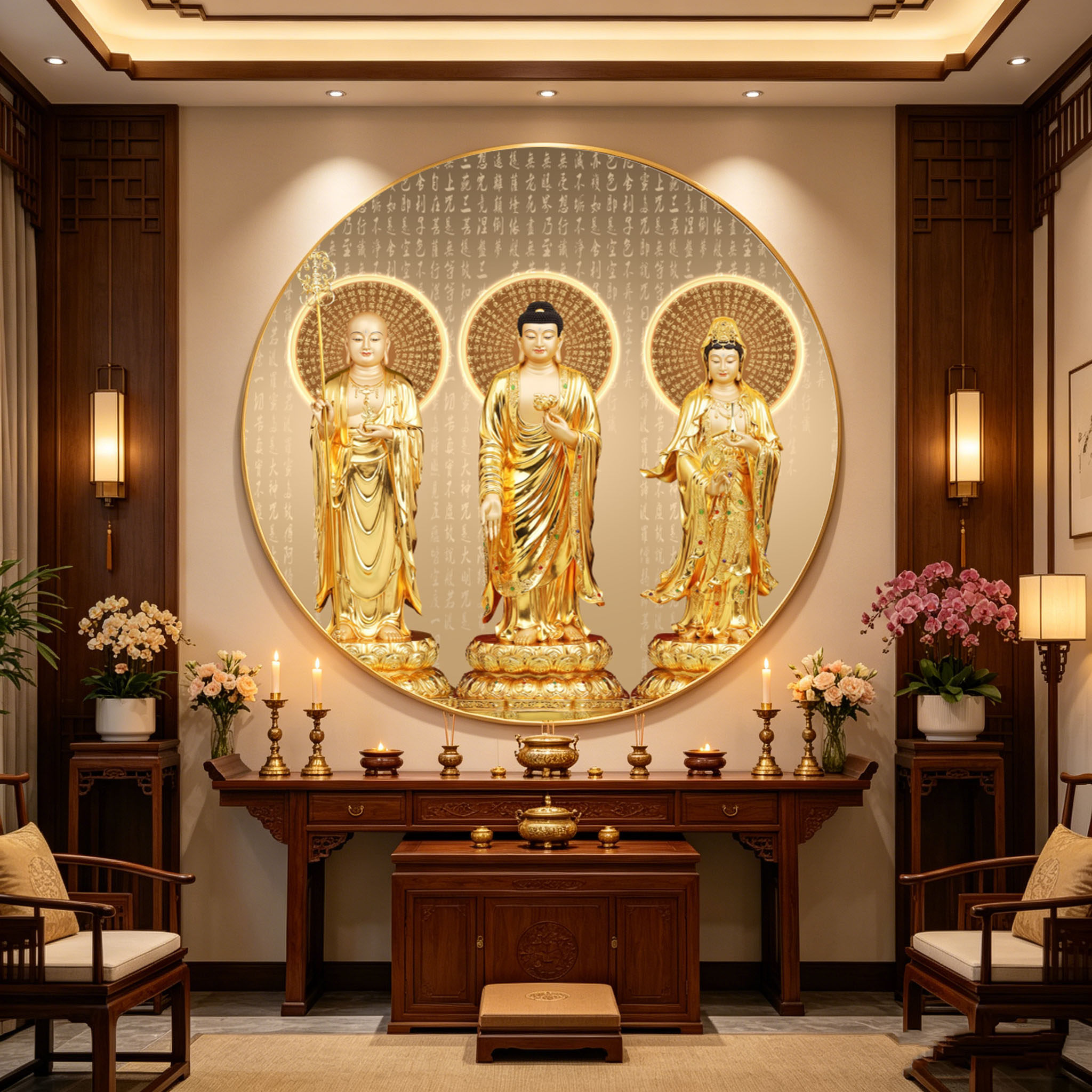 娑婆三圣观音地藏王释迦牟尼佛装饰画供奉圆形佛堂佛像LED灯挂画