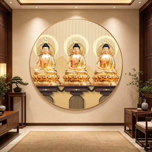 三世三宝佛药师佛释迦牟尼阿弥陀佛堂供奉高清圆形LED灯挂画