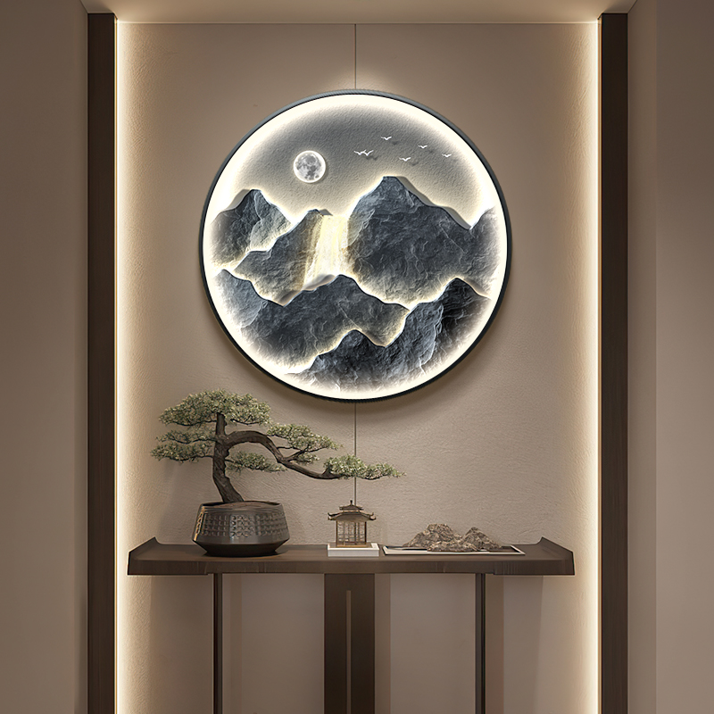 流水生财玄关装饰画新中式入户正对门圆形发光壁画茶室背景墙挂画图片