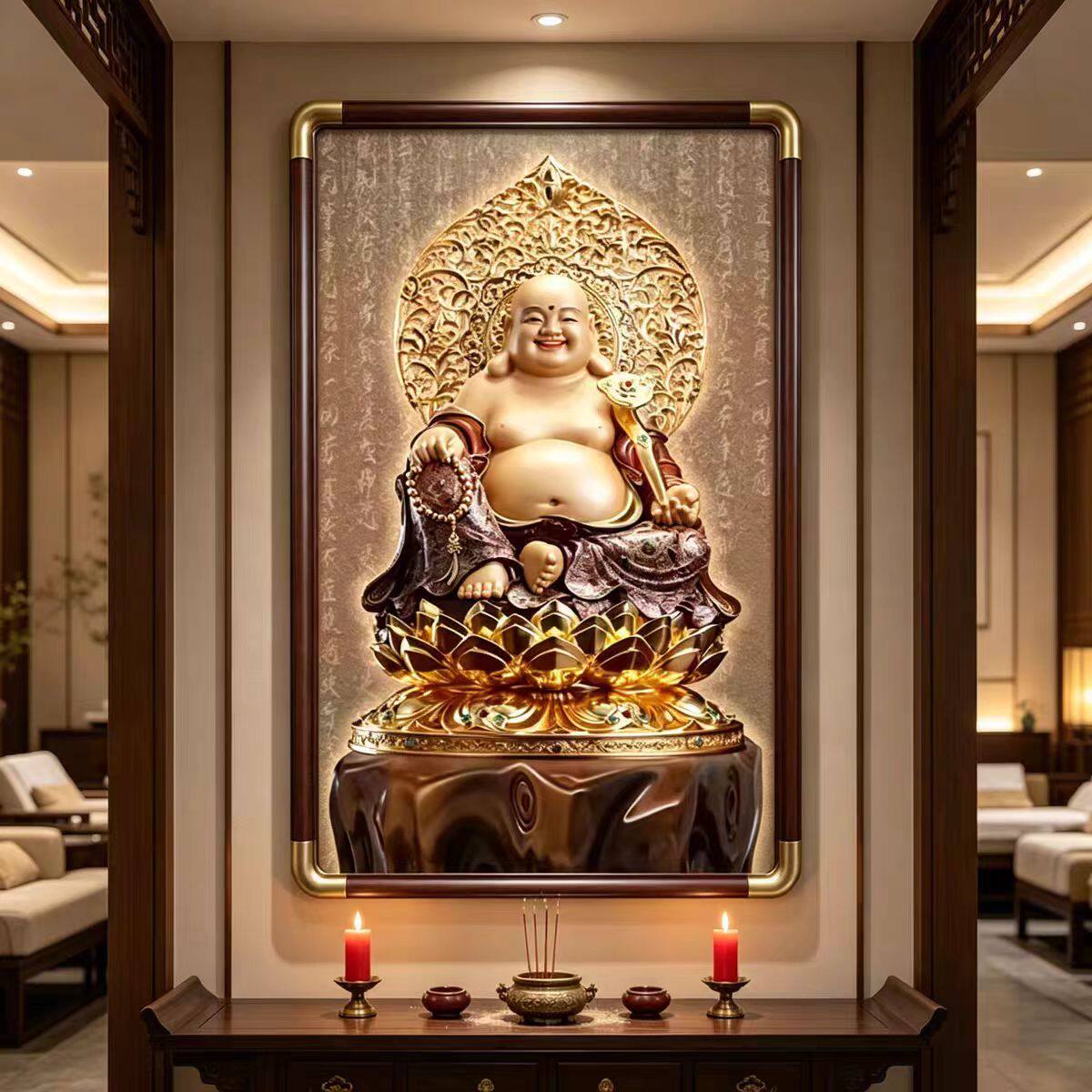 弥勒佛实木中式招财进宝中堂背景墙装饰画镇宅大肚佛笑佛挂画