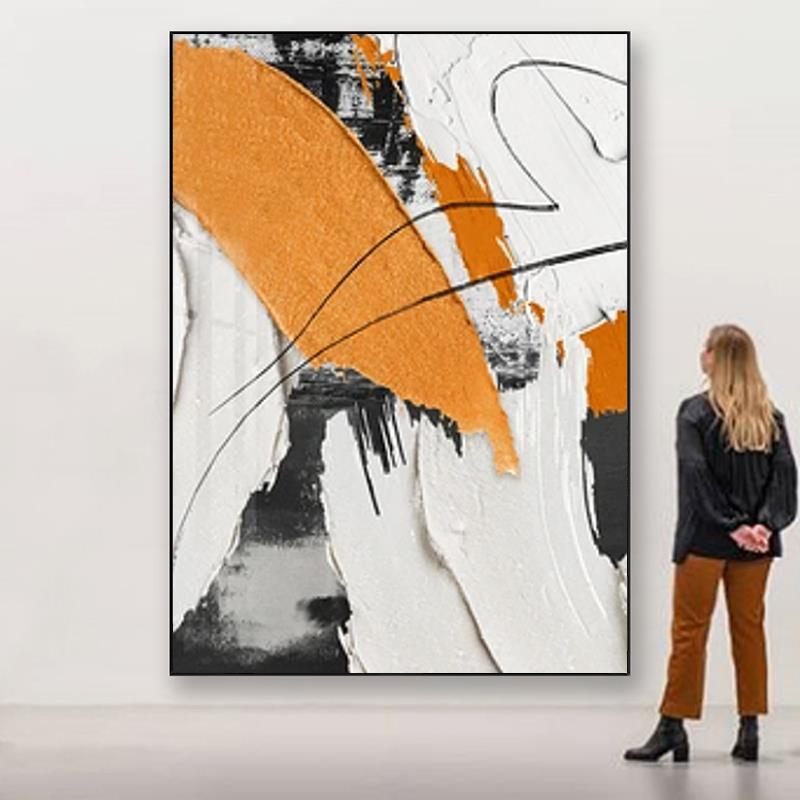 象微喷晶瓷画平面抽黑白挂橙装饰画玄关背景墙布面画客厅餐厅画现图片