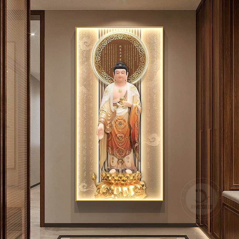 新中式心经玄关装饰画佛像家用佛堂供奉挂画像禅意观音菩萨壁画灯
