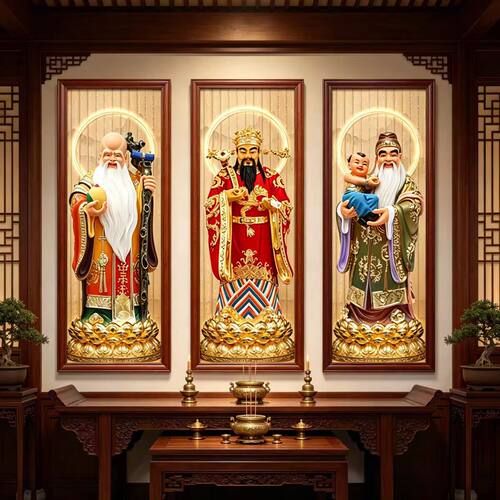 福禄寿三星新中式实木中堂大厅招财背景墙装饰画好寓意挂画