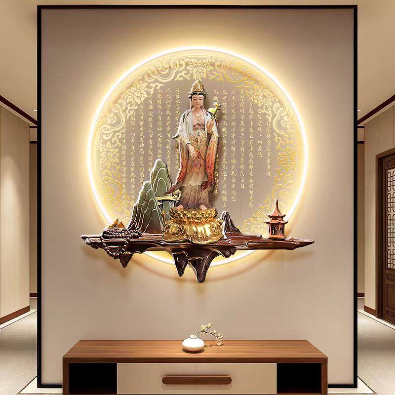 观世音菩萨玄关心经字画佛堂背景墙挂画佛像圆形茶室LED带灯挂画