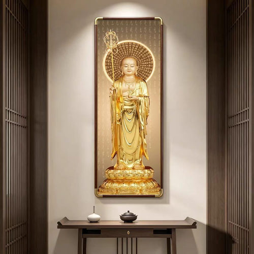 娑婆三圣观音地藏王释迦牟尼佛实木铜角供奉佛堂佛像装饰画挂画